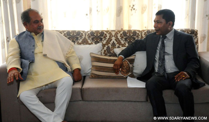 The Union Minister for Mines and Steel, Narendra Singh Tomar holds discussions with the Chief Minister of Meghalaya, Dr. Mukul Sangma, on issues regarding development of Meghalaya, in Shillong on May 20, 2015.