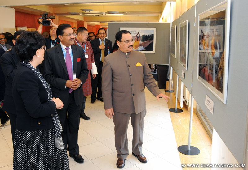 The Union Minister for Health & Family Welfare, Jagat Prakash Nadda taking a round of the Photo Exhibition “Yoga for All, Yoga for Health”, organised on the sidelines of the World Health Assembly, at Geneva on May 19, 2015. The Director-General of World Health Organization, Dr. Margaret Chan is also seen. 