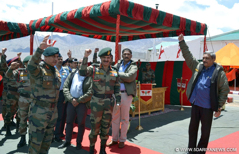 The Union Minister for Defence, Manohar Parrikar interacting with the troops in Siachen Base Camp, during his visit to Siachen Glacier on May 22, 2015. The Chief of Army Staff, General Dalbir Singh is also seen.