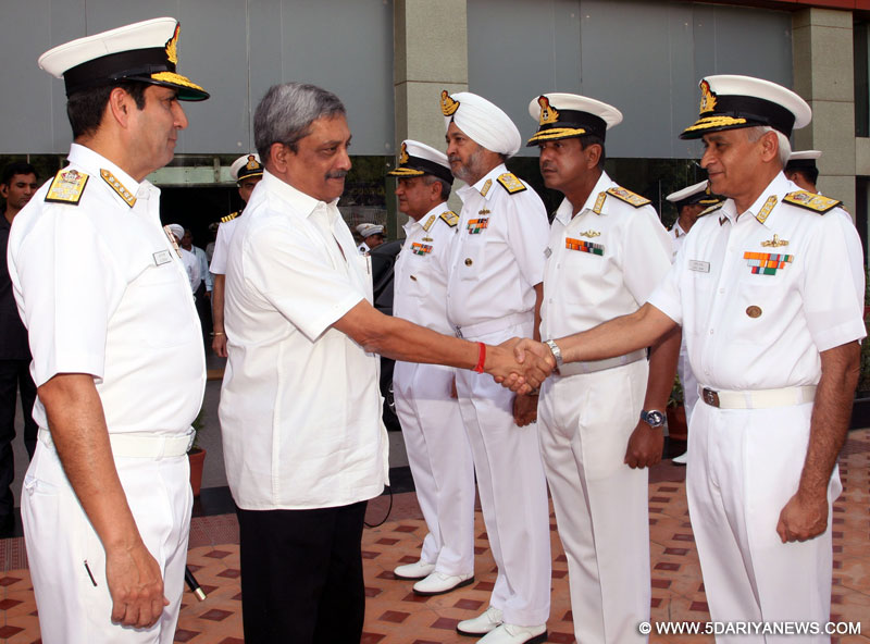 The Union Minister for Defence, Manohar Parrikar being introducing to Naval Commanders, during the Naval Commanders’ Conference, in New Delhi on May 26, 2015. The Chief of Naval Staff, Admiral R.K. Dhowan is also seen. 