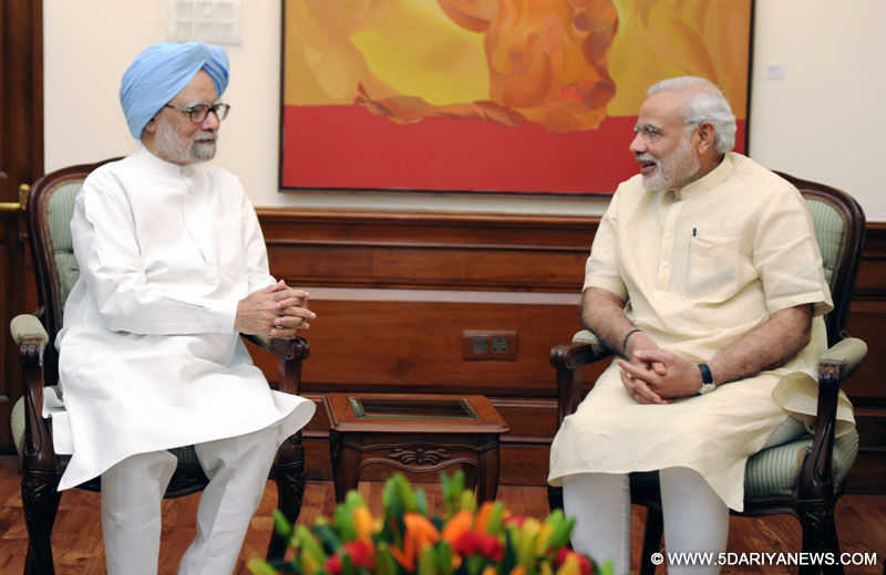 The former Prime Minister, Dr. Manmohan Singh calling on the Prime Minister, Narendra Modi, in New Delhi on May 27, 2015.