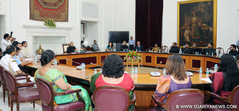 The President, Pranab Mukherjee meeting the Officer Trainees of the Indian Foreign Service (2013 batch) from the Foreign Service Institute (FSI), at Rashtrapati Bhavan, in New Delhi on May 27, 2015.
