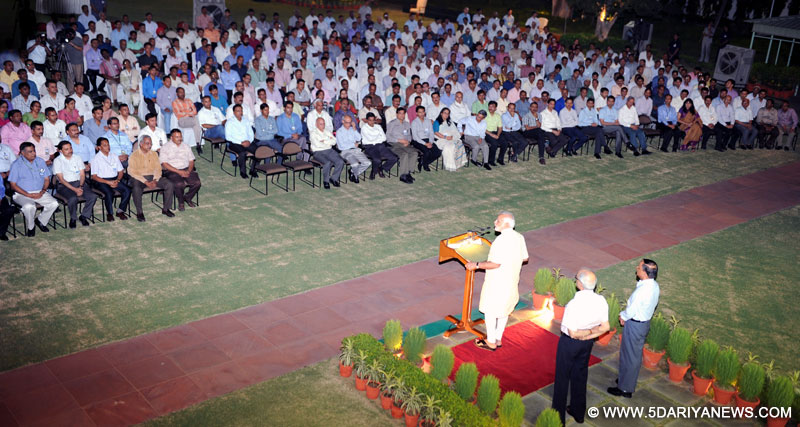 The Prime Minister, Shri Narendra Modi meeting the entire PMO family, at RCR lawns, in New Delhi on May 27, 2015.