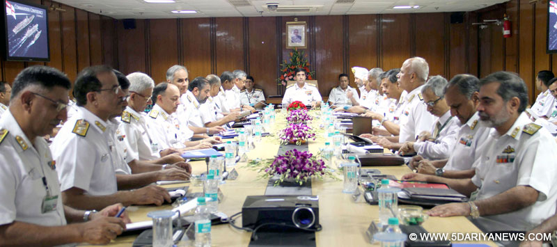 The Chief of Naval Staff, Admiral R.K. Dhowan addressing the top Naval Commanders at the concluding session of the Commanders’ Conference, in New Delhi on May 28, 2015.