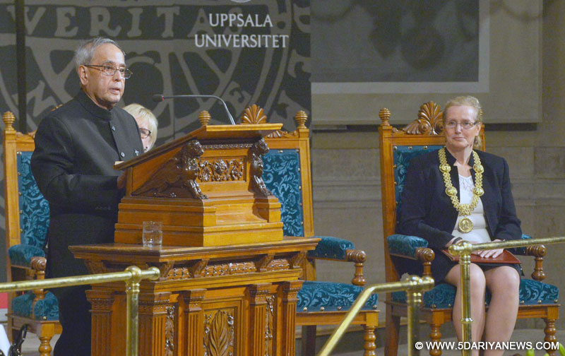 Pranab Mukherjee addressing at the Uppsala University, in Stockholm, Sweden on June 02, 2015. The Vice Chancellor of Uppsala University and Margot Wallstrom, Minister for Foreign Affairs, Sweden, Ms. Eva Akesson is also seen.