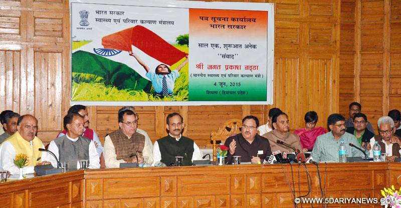 J.P. Nadda addressing a press conference on the completion of one year of the NDA Government, at Shimla, Himachal Pradesh on June 04, 2015.