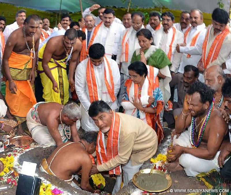 Nirmala Sitharaman, the Chief Minister of Andhra Pradesh, Shri N. Chandrababu Naidu and the Minister of State for Science and Technology and Earth Science, Shri Y.S. Chowdary at “Bhoomi pooja” event in the proposed capital of Andhra Pradesh, “amaravathi” on June 06, 2015. 