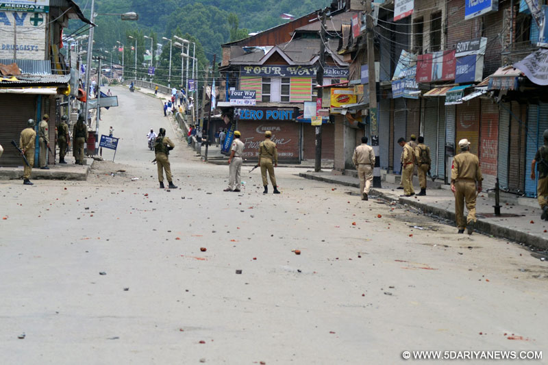 Sopore: Security personnel man the streets of Sopore during a strike called to protest against the recent civilian killings on June 15, 2015.
