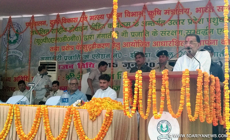 The Union Minister for Agriculture, Radha Mohan Singh addressing at the foundation stone laying ceremony of the Gangatiri Cows Conservation and Development Centre, in Varanasi, Uttar Pradesh on June 15, 2015.