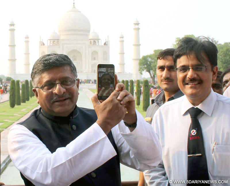 : Agra: Union Communications and IT Minister Ravi Shankar Prasad launches Wi-fi services at the Taj Mahal in Agra, on June 16, 2015. 