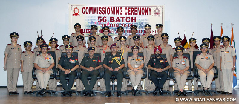 The newly commissioned nursing officers of the Military Nursing Service with the Commandant, AH (R&R), Lt. Gen. M.K. Unni, the Additional DG, Military Nursing Service, Maj. Gen. Sunita Kapoor and other senior officers of the Army and the MNS, at the Commissioning Ceremony of the 56th Batch Probationer Nurses, in New Delhi on June 18, 2015. 