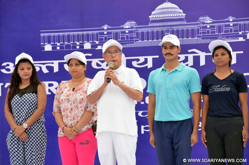 The President, Pranab Mukherjee addressing at the inauguration of a mass Yoga event, at Rashtrapati Bhavan to commemorate the International Yoga Day, in New Delhi on June 21, 2015.