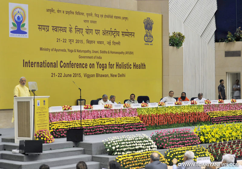 The Prime Minister, Narendra Modi addressing at the International Conference on Yoga for Holistic Health, in New Delhi on June 21, 2015. 