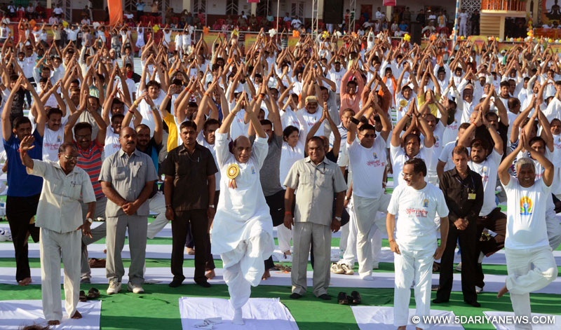 The Union Home Minister, Rajnath Singh participating in the International Yoga Day celebrations, in KD Singh Bandhu Stadium, Lucknow on June 21, 2015.