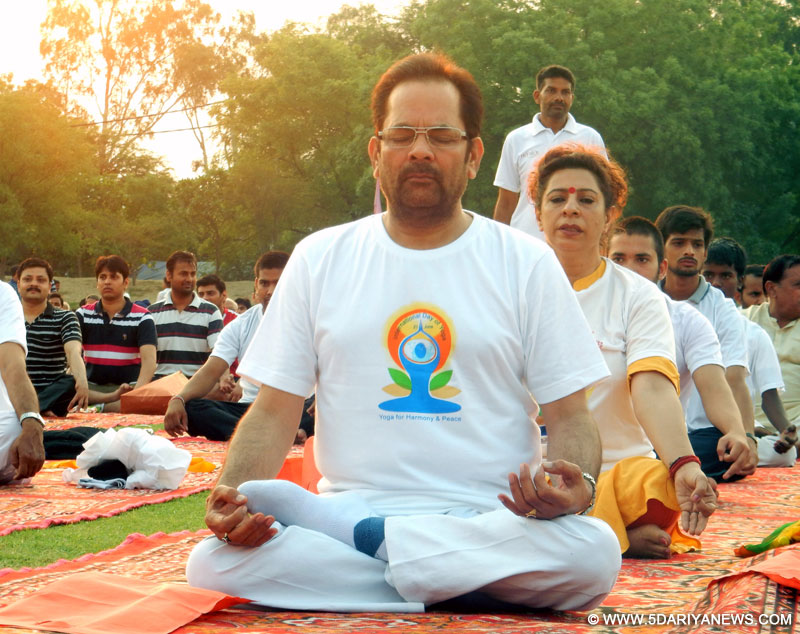 Mukhtar Abbas Naqvi addressing the gathering in the International Yoga Day celebrations, in Faridabad, Haryana on June 21, 2015.