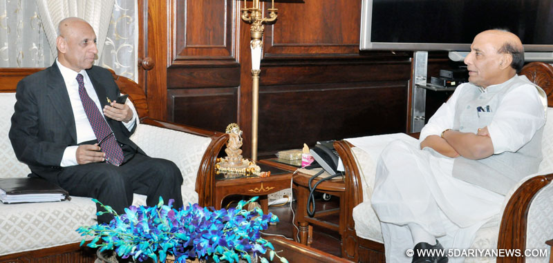 The Governor of Andhra Pradesh and Telangana, E.S.L. Narasimhan calling on the Union Home Minister, Rajnath Singh, in New Delhi on June 26, 2015. 