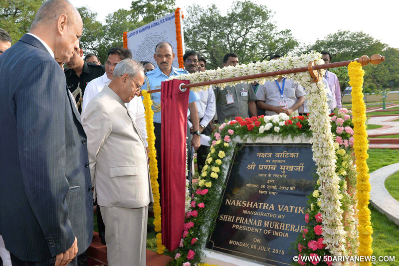 Bolarum: President Pranab Mukherjee during the inauguration of Nakshtra Vatika (Nakshtra Garden) at Rashtrapati Nilayam at Bolarum in Hyderabad on July 6, 2015. 