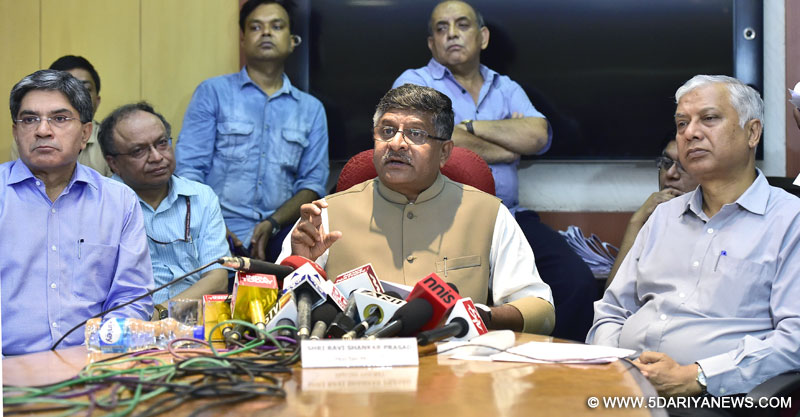 Ravi Shankar Prasad briefing the media on new initiatives aimed at reducing Call Drops, in New Delhi on July 07, 2015.