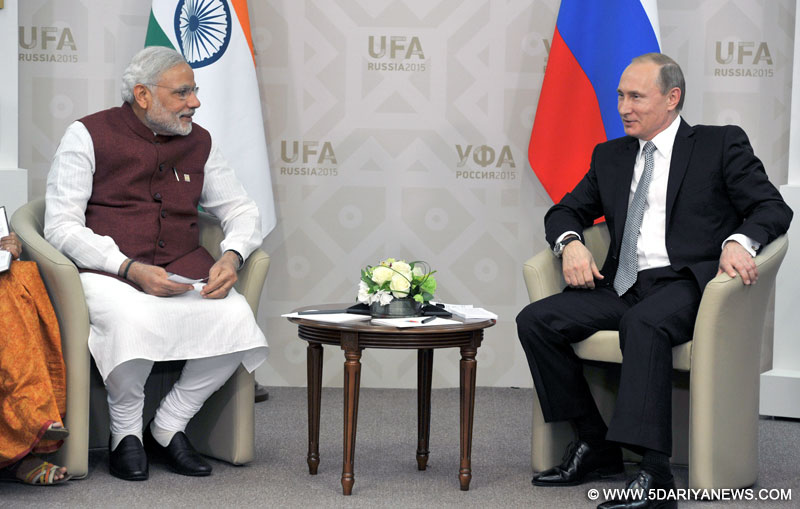  Narendra Modi in bilateral meeting with the President of Russian Federation, Mr. Vladimir Putin, at Congress Hall, in Ufa, Russia on July 08, 2015.
