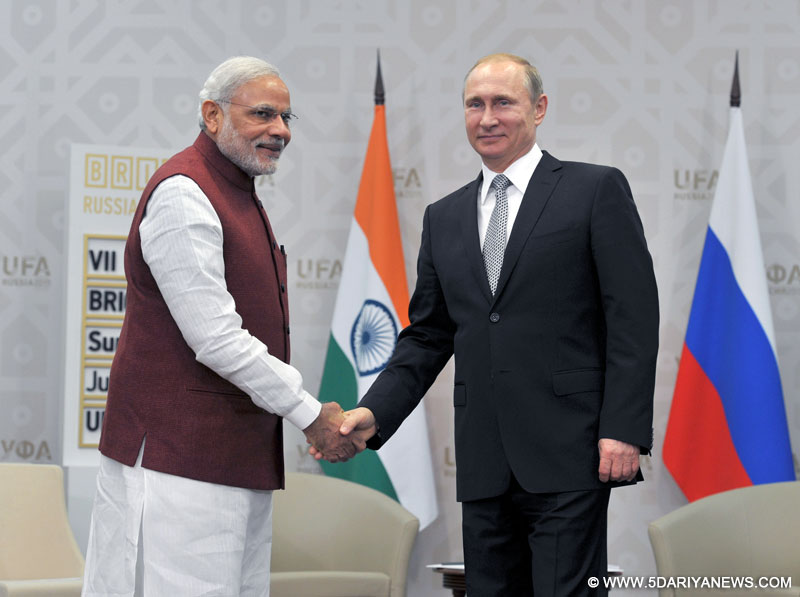The Prime Minister,Narendra Modi in bilateral meeting with the President of Russian Federation, Vladimir Putin, at Congress Hall, in Ufa, Russia on July 08, 2015.