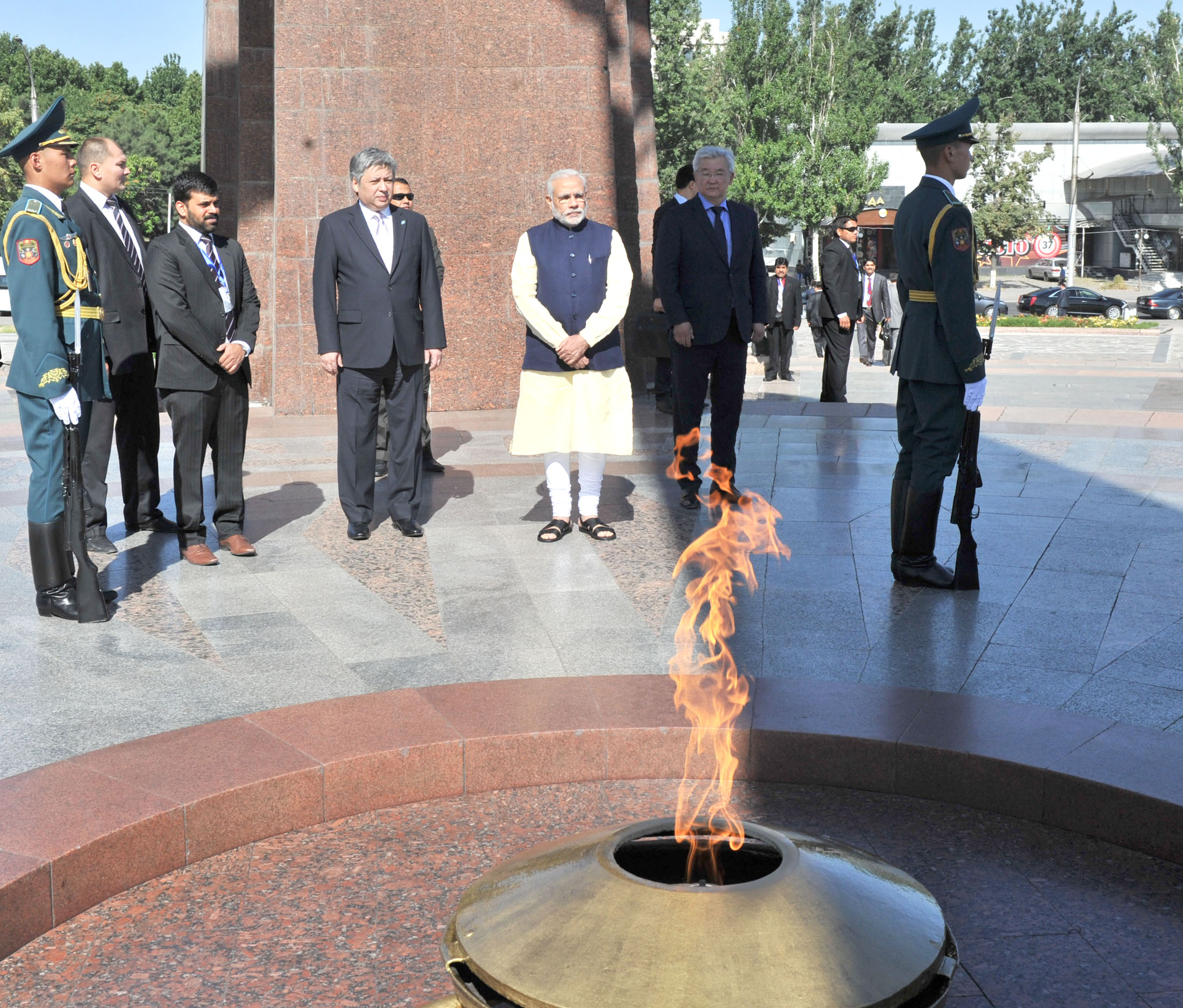 The Prime Minister, Narendra Modi at the Victory Monument, in Victory Square, Bishkek, Kyrgyzstan on July 12, 2015.