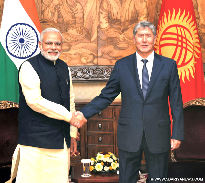 The Prime Minister, Narendra Modi in a restricted meeting with the President of Kyrgyz Republic, Almazbek Atambayev, at Ala-Archa State Residence, in Bishkek, Kyrgyzstan on July 12, 2015.