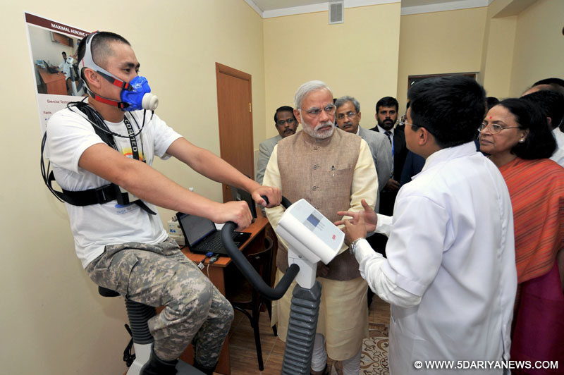 The Prime Minister, Narendra Modi visiting the Kyrgyz-India Mountain Biomedical Research Centre, in Bishkek, Kyrgyzstan 
