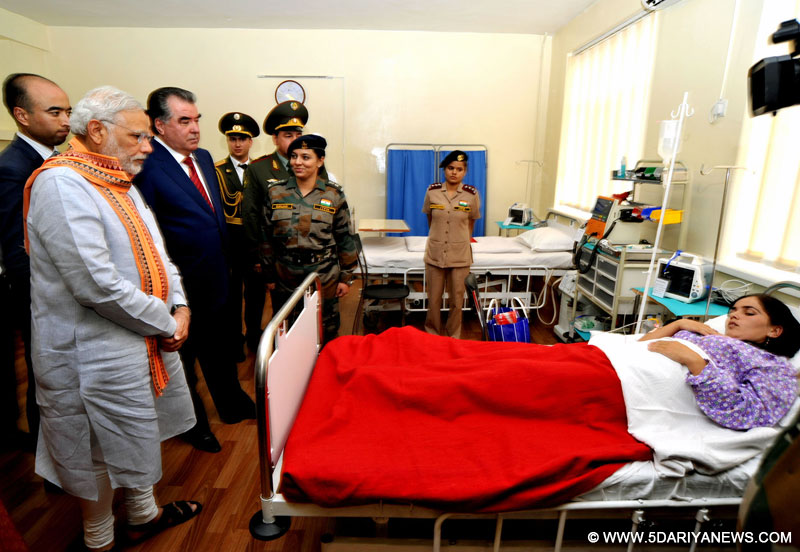 The Prime Minister, Narendra Modi visiting the India-Tajik Friendship Hospital, in Quarghan Teppa, Dushanbe, Tajikistan on July 13, 2015. The President of Tajikistan, Mr. Emomali Rahmon is also seen.