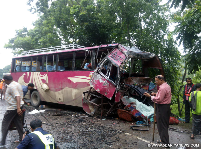 Photo taken on July 19, 2015 shows the site of an accident in Sirajganj, some 134 km northwest of capital Dhaka, Bangladesh. At least 20 people were killed and 30 others wounded in two separate accidents that happened over the weekend in Bangladesh after the holy Eid-al-Fitr, police confirmed on Sunday.