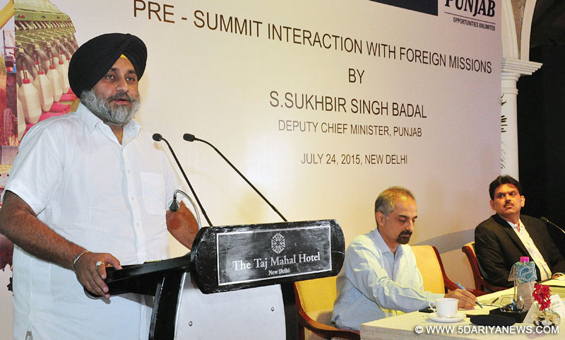 New Delhi: Punjab Deputy Chief Minister Sukhbir Singh Badal addresses during a pre-summit interactive session with foreign missions and international industrial chambers in New Delhi