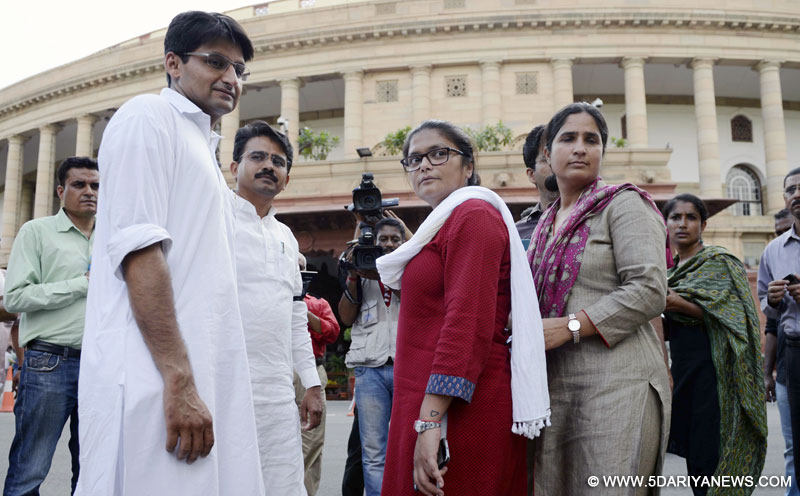 New Delhi: Suspended Congress MPs at the Parliament in New Delhi, on Aug 3, 2015. 