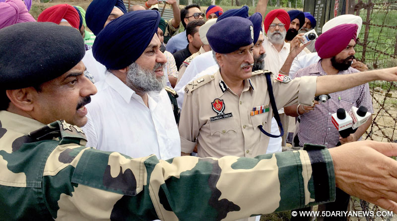 Punjab Deputy Chief Minister Sukhbir Singh Badal visits the border area in Tarn Taran, Punjab, on Aug 5, 2015