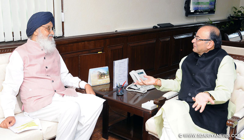Punjab Chief Minister Parkash Singh Badal during meeting with Union Finance Minister, Arun Jaitley at New Delhi on Wednesday