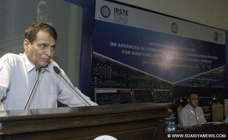The Union Minister for Railways, Shri Suresh Prabhakar Prabhu addressing at the inauguration of the Railway Convention on “Advances in Command Control & Communication Systems for Main Line, Metro & High Speed Transit Systems”, organised by the Institution of Railway Signal and Telecommunication Engineers (IRSTE), (India) and Institution of Railway Signal Engineers (IRSE), (Indian Section), in New Delhi on August 29, 2015.