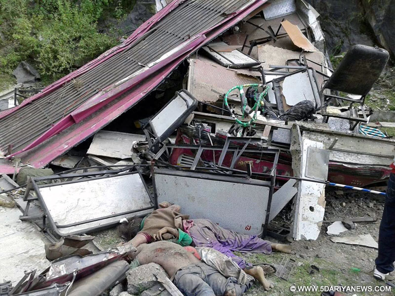  Kinnaur: Mangled body of a bus that plunged into a gorge in Kinnaur district of Himachal Pradesh on Sep 1, 2015. At least 18 people were killed and 12 others injured in the accident. 