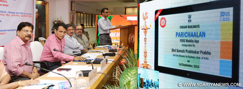 The Union Minister for Railways, Shri Suresh Prabhakar Prabhu addressing flagging-off ceremony of the Gauge conversion project of Loharu-Sikar railway line and new train services namely Rewari-Sikar passenger (daily) train and Delhi Sarai Rohilla-Sikar express (bi-weekly), through Video conferencing from Rail Bhavan, in New Delhi on September 01, 2015. The Chairman, Railway Board, Shri A.K. Mital and other Board Members are also seen. 