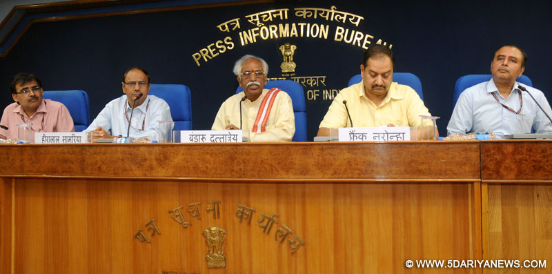 The Minister of State for Labour and Employment (Independent Charge), Shri Bandaru Dattatreya addressing a press conference, in New Delhi on September 01, 2015. The Director General (M&C), Press Information Bureau, Shri A.P. Frank Noronha and other dignitaries are also seen.