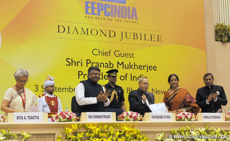The President, Shri Pranab Mukherjee being presented the first copy of the Coffee Table Book ‘EEPC India: 60 years On’, at the inauguration of the Diamond Jubilee celebrations of Engineering Export Promotion Council of India (EEPC India), in New Delhi on September 03, 2015. The Union Minister for Communications & Information Technology, Shri Ravi Shankar Prasad and the Minister of State for Commerce & Industry (Independent Charge), Smt. Nirmala Sitharaman are also seen.