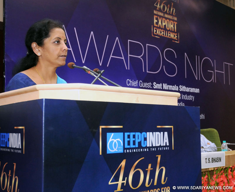 The Minister of State for Commerce & Industry (Independent Charge), Smt. Nirmala Sitharaman addressing at the presentation ceremony of the EEPC India’s 46th Annual Awards for Exports Excellence, in New Delhi on September 03, 2015.