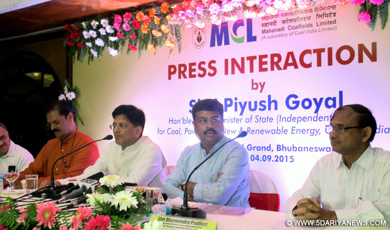 The Minister of State (Independent Charge) for Power, Coal and New and Renewable Energy, Shri Piyush Goyal addressing the media persons, in Bhubaneswar, Odisha on September 04, 2015. The Minister of State for Petroleum and Natural Gas (Independent Charge), Shri Dharmendra Pradhan, the Executive Director, NTPC, Shri Arvind Kumar and the Chairman, MCL, Shri A.N Sahay are also seen.