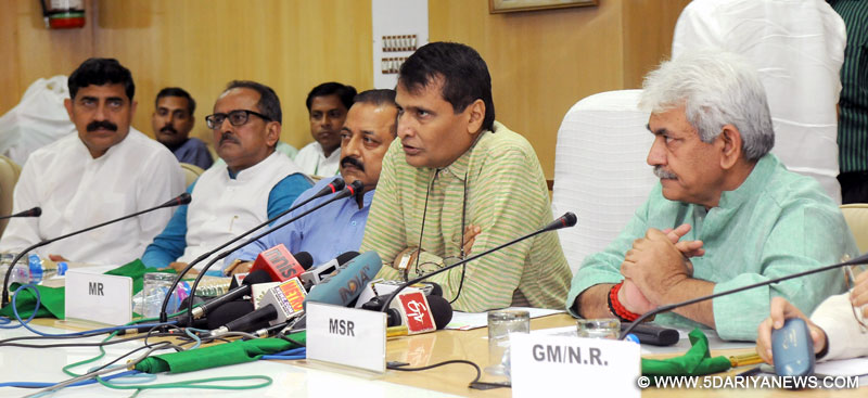 The Union Minister for Railways, Shri Suresh Prabhakar Prabhu addressing at the flag-off ceremony of the Andman Express from Jammu Tawi to Shri Mata Vaishno Devi Katra through Video conferencing from Rail Bhavan, in New Delhi on September 04, 2015. The Minister of State for Development of North Eastern Region (I/C), Prime Minister’s Office, Personnel, Public Grievances & Pensions, Department of Atomic Energy, Department of Space, Dr. Jitendra Singh, the Deputy Chief Minister of Jammu and Kashmir
