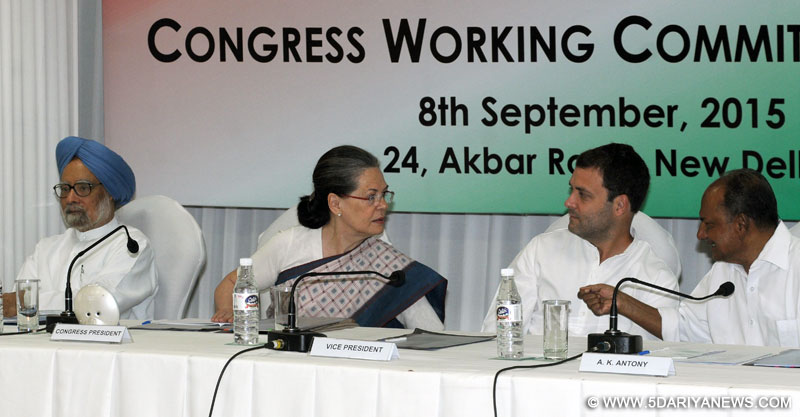 Congress chief Sonia Gandhi, vice president Rahul Gandhi, party leader AK Antony and former prime minister Manmohan Singh during Congress Working Committee meeting in New Delhi, on Sep 8, 2015. 