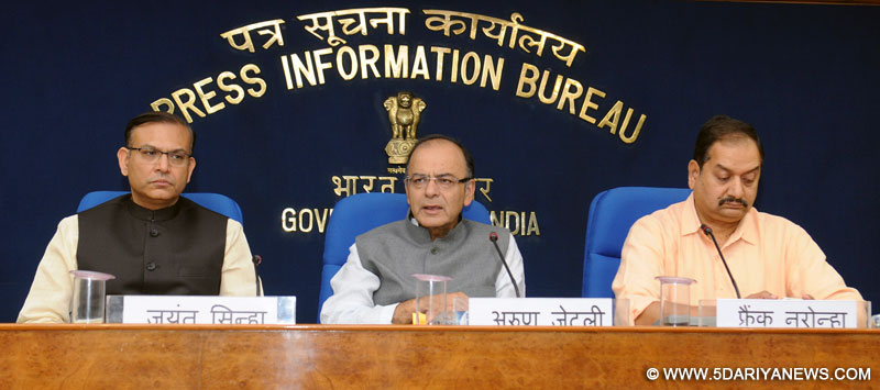 The Union Minister for Finance, Corporate Affairs and Information & Broadcasting, Shri Arun Jaitley addressing a press conference, in New Delhi on September 08, 2015. The Minister of State for Finance, Shri Jayant Sinha and the Director General (M&C), Press Information Bureau, Shri A.P. Frank Noronha are also seen.