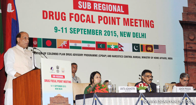 The Union Home Minister, Shri Rajnath Singh addressing at the inauguration of a three-day workshop on Sub-Regional Drug ‘Focal Point Meeting and DDR Expert Group Consultation, South Asia under Colombo Plan Drug Advisory Programme’, in New Delhi on September 09, 2015. The Minister of State for Home Affairs, Shri Haribhai Parthibhai Chaudhary and other dignitaries are also seen.