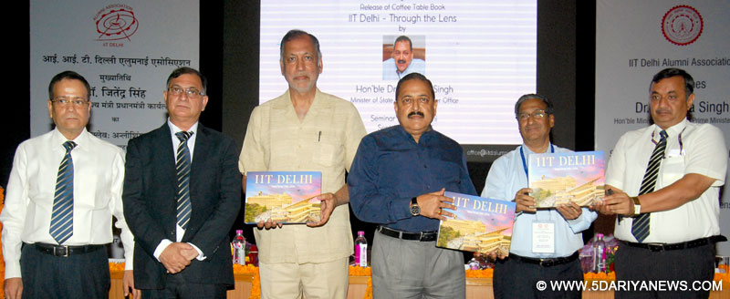 Dr. Jitendra Singh releasing a Coffee Table Book on IIT Delhi, written by the President, IIT Alumni Association, Dr. Deepak Dogra, in New Delhi on September 09, 2015. The Director, IIT, Shri Kshitij Gupta and the Chairman, NIIT, Shri R.S. Pawar are also seen.