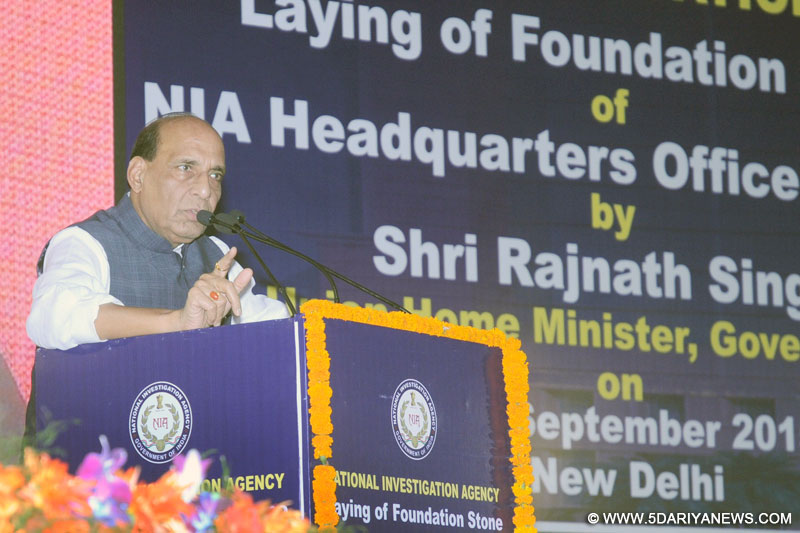 The Union Home Minister, Shri Rajnath Singh addressing at the laying foundation stone ceremony of the National Investigation Agency, Head Quarters Complex, in New Delhi on September 10, 2015.