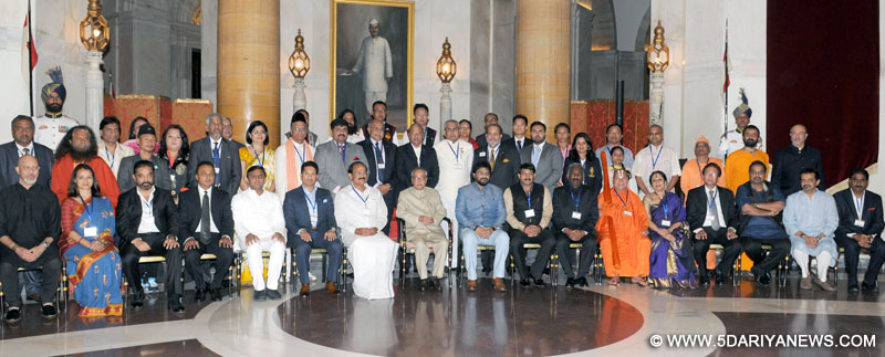 The President, Shri Pranab Mukherjee in a group photograph with the Brand Ambassadors of the Swachh Bharat Mission, at Rashtrapati Bhavan, in New Delhi on September 10, 2015.