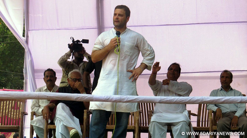 Congress vice-president Rahul Gandhi addresses a farmers
