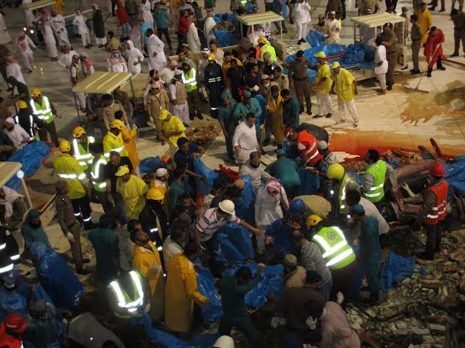 Saudi emergency teams gather inside the Grand Mosque of Saudi Arabia