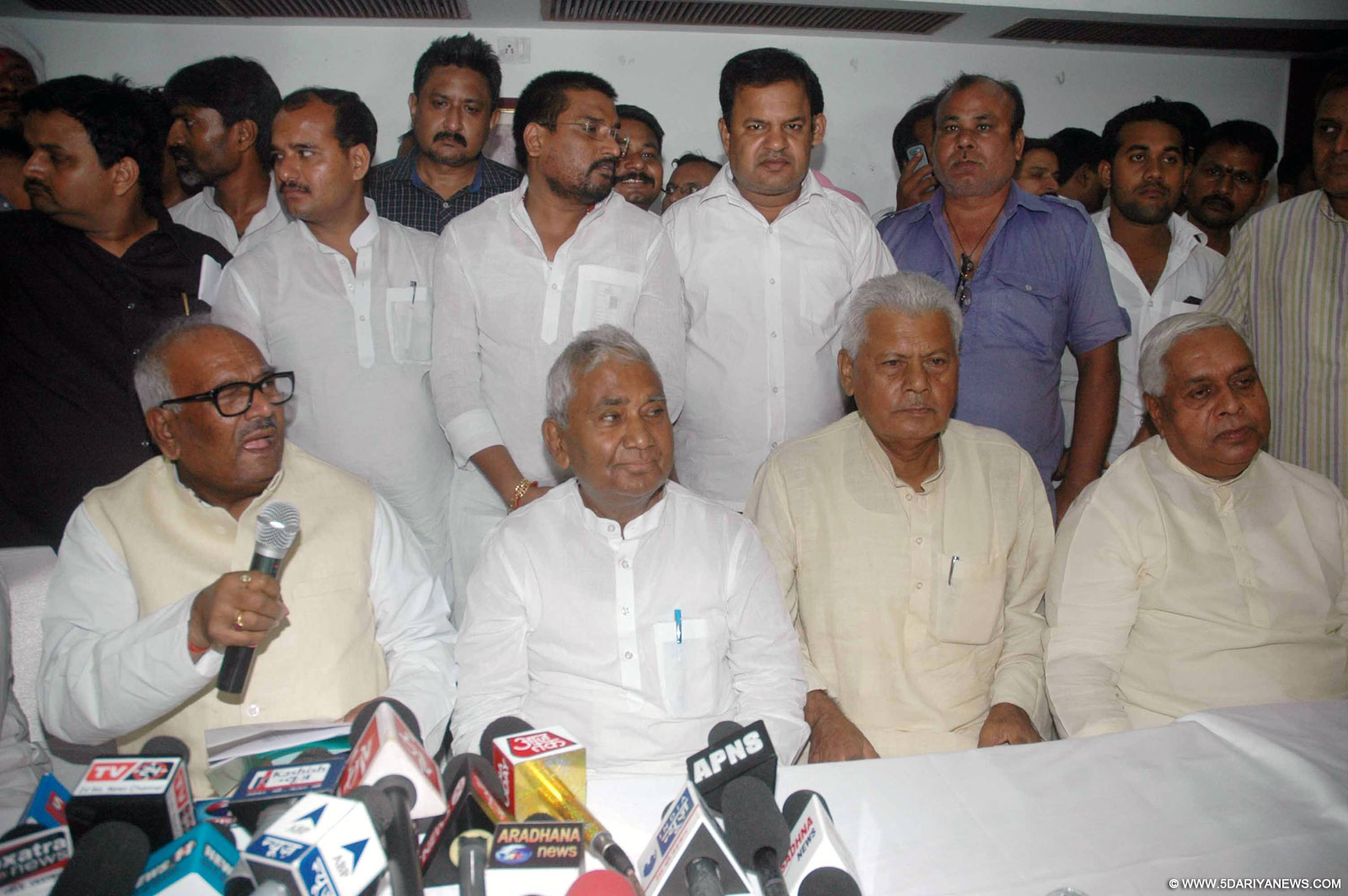 Patna: JDU, RJD and Congress leaders declare the names of candidates who are contesting the upcoming Bihar assembly polls in Patna on Sep 19, 2015. 